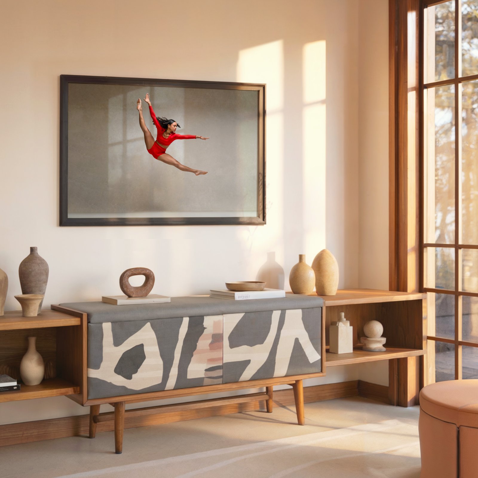 Dancer in red mid-jump