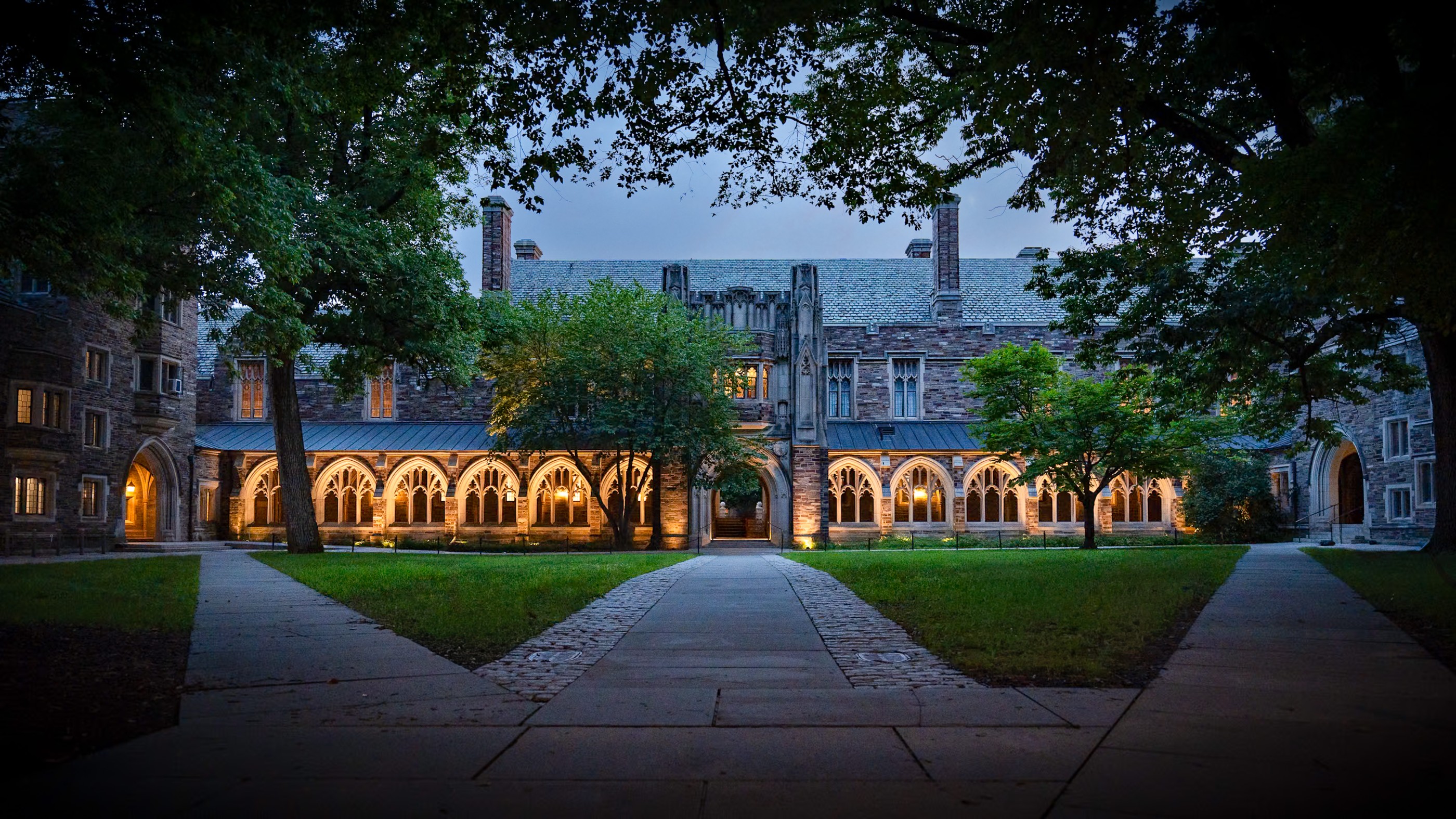 Collegiate Gothic cloister at dusk, Princeton University